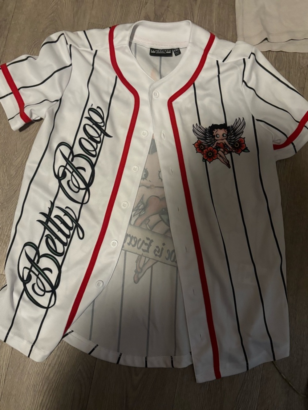 Betty Boop White Pinstripe Jersey with Red Trim and Black Script